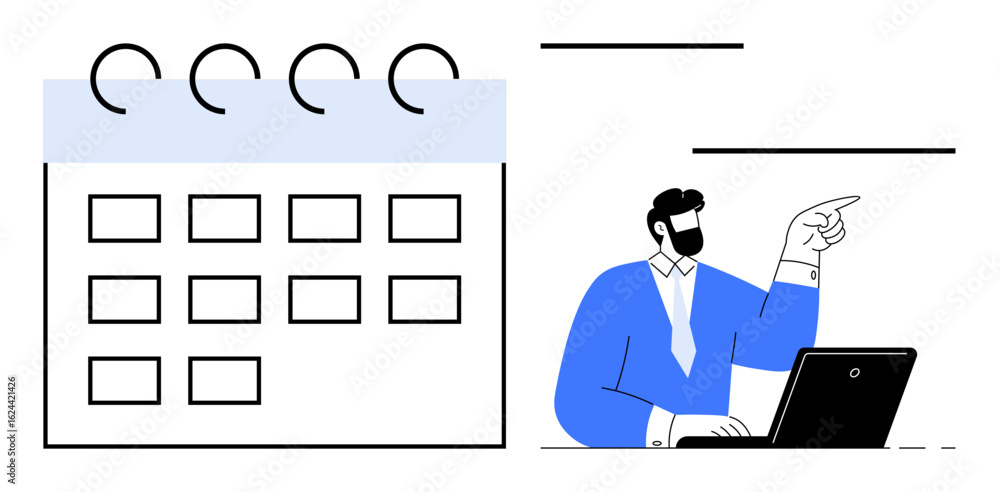 Poster calendar with dates alongside a business professional in a suit working on a laptop and pointing. id