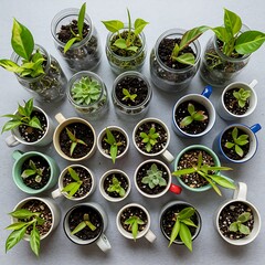 Various small plants in glass jars and colorful mugs, a collection of succulents and other greenery.
