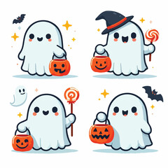 Cute ghost holding trick-or-treat bucket
