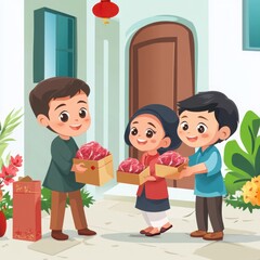 Children Sharing Meat Gifts at Festive Home Entrance