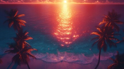 Serene sunset over tranquil ocean with palm trees