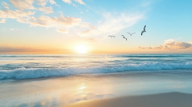 Serene sunset over tranquil ocean with seagulls flying - Powered by Adobe