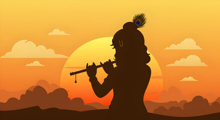 Silhouette of Lord Krishna Playing Flute at Sunset - Janmashtami Celebration