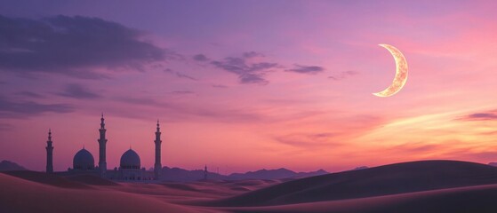 Majestic Mosque at Sunset with Crescent Moon in Desert Landscape