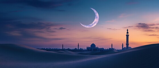 Serene Crescent Moon Over Desert Mosque at Sunset: A Breathtaking Ramadan Scene