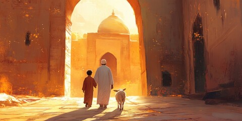 Golden Hour Journey: Father, Son, and Lamb Walk Towards a Mosque in the Desert