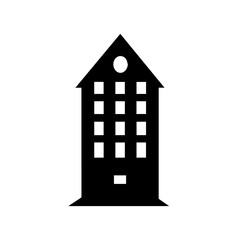 Black silhouette icon of a multi-story apartment building with a gabled roof. Vector graphic for real estate or architecture concepts.