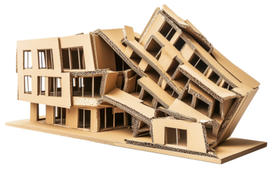 Collapsed cardboard model of modern architectural building showcases intricate design and creativity. structure appears to be detailed representation of contemporary company building, isolated