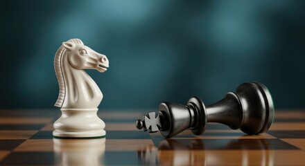 A white chess knight stands over a fallen black king on a chessboard, symbolizing victory and defeat