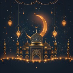 Majestic Mosque Under Crescent Moon: A Night of Ramadan Celebration