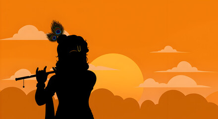 Krishna Silhouette at Sunset: Janmashtami Celebration
