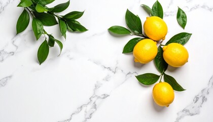 Vibrant lemons with lush green leaves artfully arranged on a clean marble surface