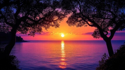 Serene sunset over tranquil sea framed by trees