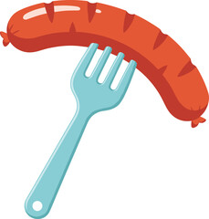 Grilled sausage on fork, delicious barbecue meat illustration, tasty snack, kitchen utensil artwork, restaurant menu image, cooking concept design