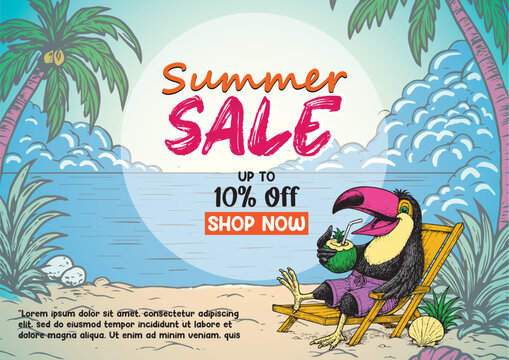 Summer time vector flyer, banner template. It's summer time animals illustration theme. dog, cat, touchan, flamingo, duck, bear, and tropical and beach theme