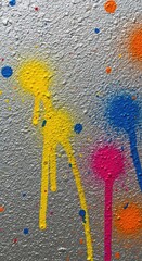 An abstract closeup of vibrant paint splashes and drips in yellow, blue, pink, and orange on a textured silver background