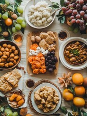 A Bountiful Festive Feast: Overhead Shot of Delicious Asian Cuisine, Fruits, and Sweets