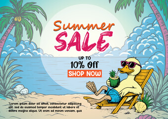 Obraz premium Summer time vector flyer, banner template. It's summer time animals illustration theme. dog, cat, touchan, flamingo, duck, bear, and tropical and beach theme
