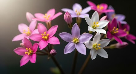 Closeup of delicate starshaped flowers in vibrant shades of pink, purple, and white, blooming in sunlight