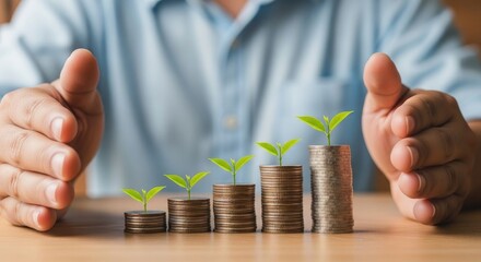 Hands protect a growing stack of coins with small plants sprouting from the top, symbolizing financial growth and investment