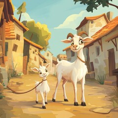 Illustration of goat walking with kid holding rope in a village adhaa, cartoon style --ar 1:1 --v 6.1 Job ID: ea770197-b544-4158-8ef6-dcf84bb0ade8