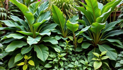 tropical themed garden featuring large leaves and dense planting using gingers alocasias and calatheas in partial sun no special characters or punctuation symbols used