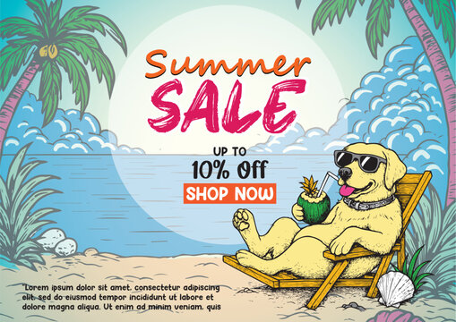 Summer time vector flyer, banner template. It's summer time animals illustration theme. dog, cat, touchan, flamingo, duck, bear, and tropical and beach theme