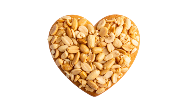 Delicious heart valentine's cookie covered with peanuts and almonds, perfect for shaped day or any special occasion isolated on solid white background in Png format