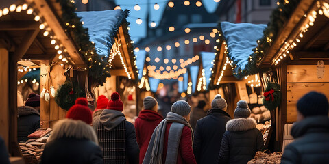 Bustling Outdoor Holiday Market at Dusk with Festive Stalls, String Lights, and Winter Crowds

