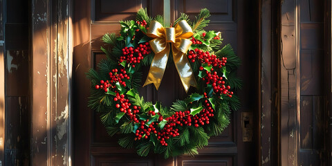 Festive Christmas Wreath with Red Berries, Pine Cones, and Gold Ribbon on Rustic Wooden Door

