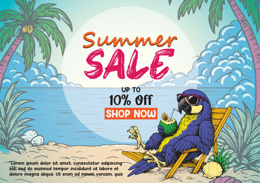 Summer time vector flyer, banner template. It's summer time animals illustration theme. dog, cat, touchan, flamingo, duck, bear, and tropical and beach theme