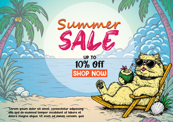 Summer time vector flyer, banner template. It's summer time animals illustration theme. dog, cat,...