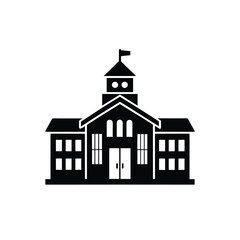 A black and white silhouette of a traditional school building featuring a central tower with a flag, arched windows, and multiple stories.