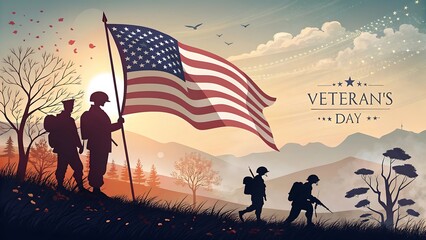 Veterans Day poster honoring all who served – soldiers and American flag illustration

Patriotic Veterans Day illustration with flag and military silhouettes – Honoring All Who Served

Veterans Day tr