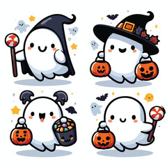 Cute ghost holding trick-or-treat bucket