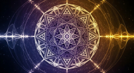 A mystical mandala of sacred geometry radiates blue and gold energy waves against a cosmic background.