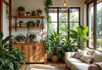Fototapeta premium lush indoor space with trailing vines from shelves large potted plants beside a window warm wooden tones and light beige fabrics no special symbols or punctuation included