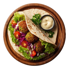 Falafel wrap filled with fresh vegetables and tahini drizzle sauce served on wooden plate, isolated on white transparent background, concept of healthy eating Arabic cuisine