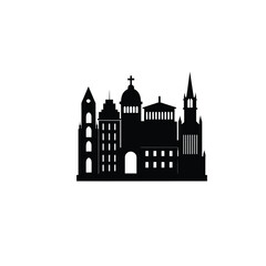 Obraz premium A minimalist, flat design illustration showcasing a diverse city skyline with various architectural styles, including churches and modern buildings.