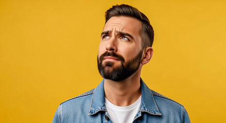 Obraz premium Pensive Man Looking Upward on Yellow Background