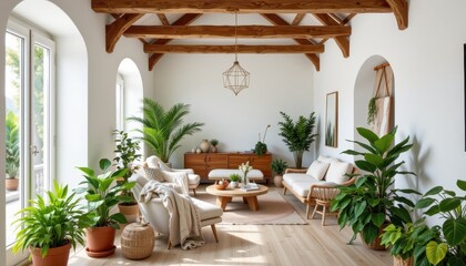 Fototapeta premium restful interior space with ferns in clay pots linen throws wooden beams and a clean layout full of natural green elements no punctuation or strange characters included