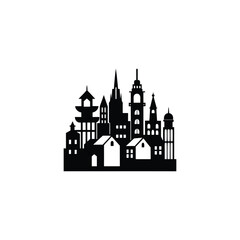 A black and white silhouette of a city skyline featuring a mix of architectural styles, including a pagoda, church, and modern buildings.