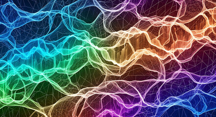 An abstract visualization of a flowing, interconnected digital network with vibrant rainbow-colored waves.