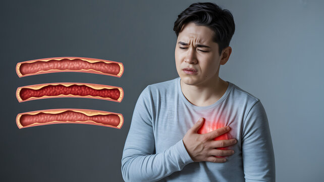 Young man experiencing chest pain, visualizing narrowed arteries indicating cardiovascular health concerns.