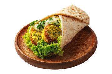 Falafel wrap with lettuce, parsley, and creamy tahini sauce on wooden plate, isolated on white transparent background. Concept of healthy Arabic street food