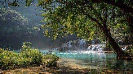 Lush jungle setting with waterfall, turquoise pool, and sunbeam cutting through mist for nature retreat themes or calming background visuals.