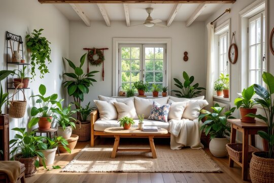 cozy cottage room with lots of plants layered fabrics wood elements stone planters and natural sunlight for a lush feeling no punctuation symbols or strange marks included