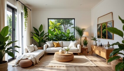small living room with abundant greenery natural wood accents floor cushions and sheer curtains for a relaxed lush layout no punctuation or unusual characters used here
