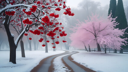 Winter park scene with snow covered trees and frosty landscape