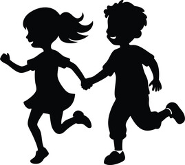 An illustrated vector silhouette of a girl with a heart, and a boy with a devil and angel on his shoulders